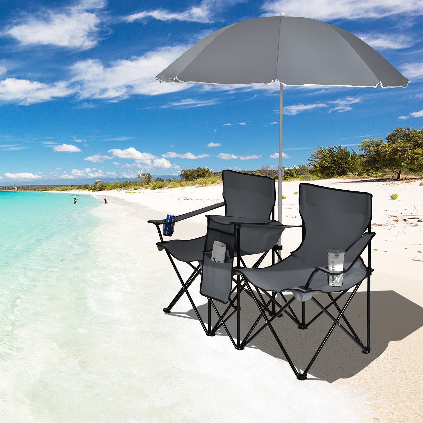 Double Folding Picnic Chairs Umbrella Mini Table Beverage Holder Carrying Bag