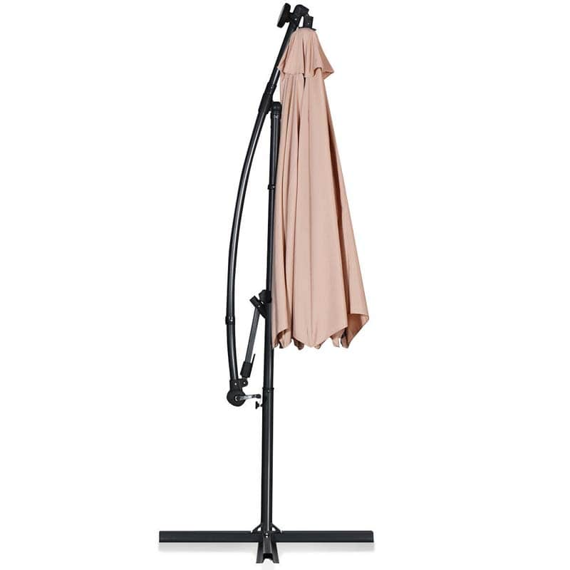 10 FT Patio Offset Umbrella with Solar Lights 360�� Rotation Outdoor Market Umbrella with Crank Handle & Cross Base