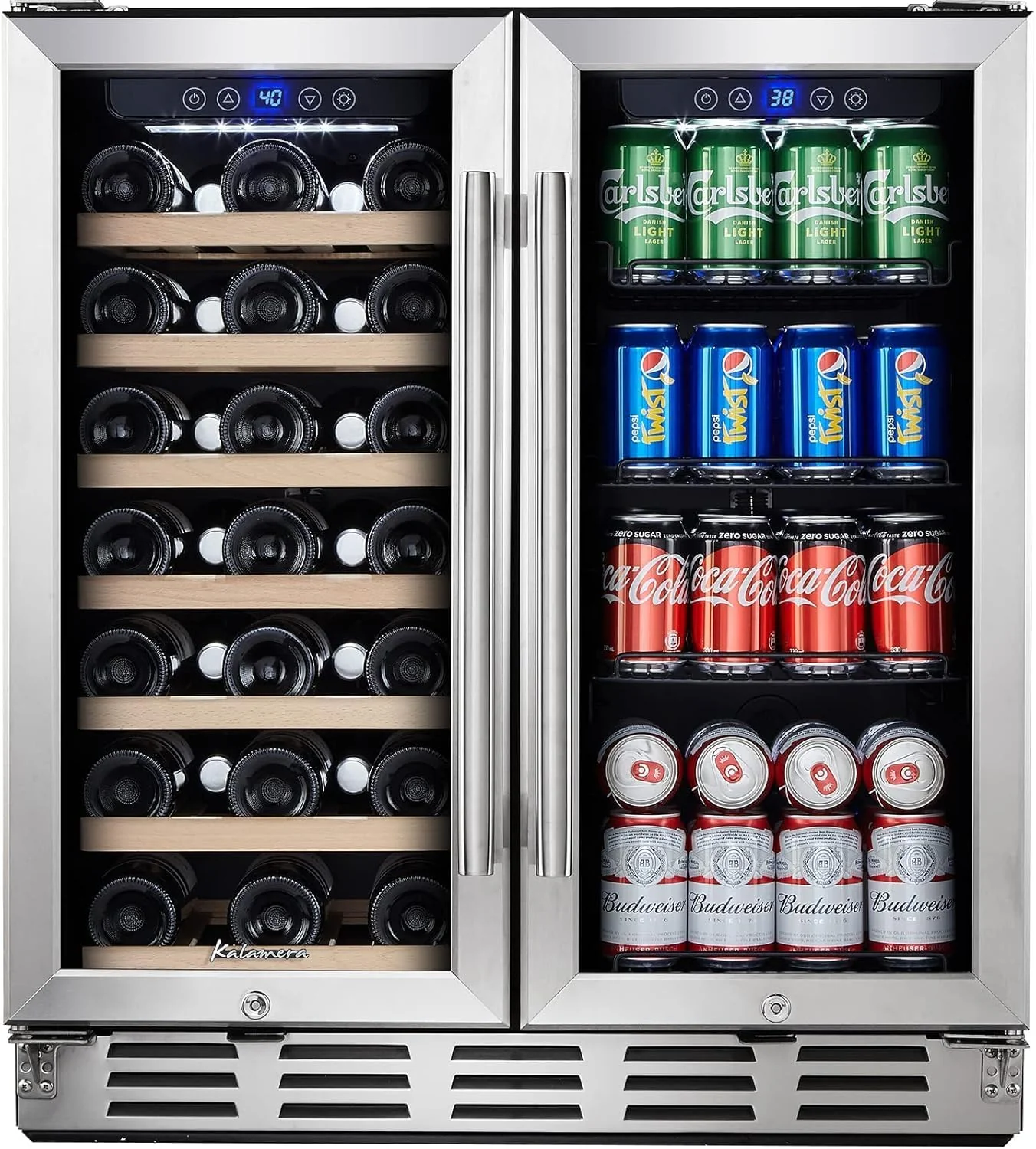 24 inch Wine Cooler, 46 Bottle - Dual Zone Built-in or Freestanding Fridge with Stainless Steel Reversible Glass Door, for Home, Kitchen, or Office.