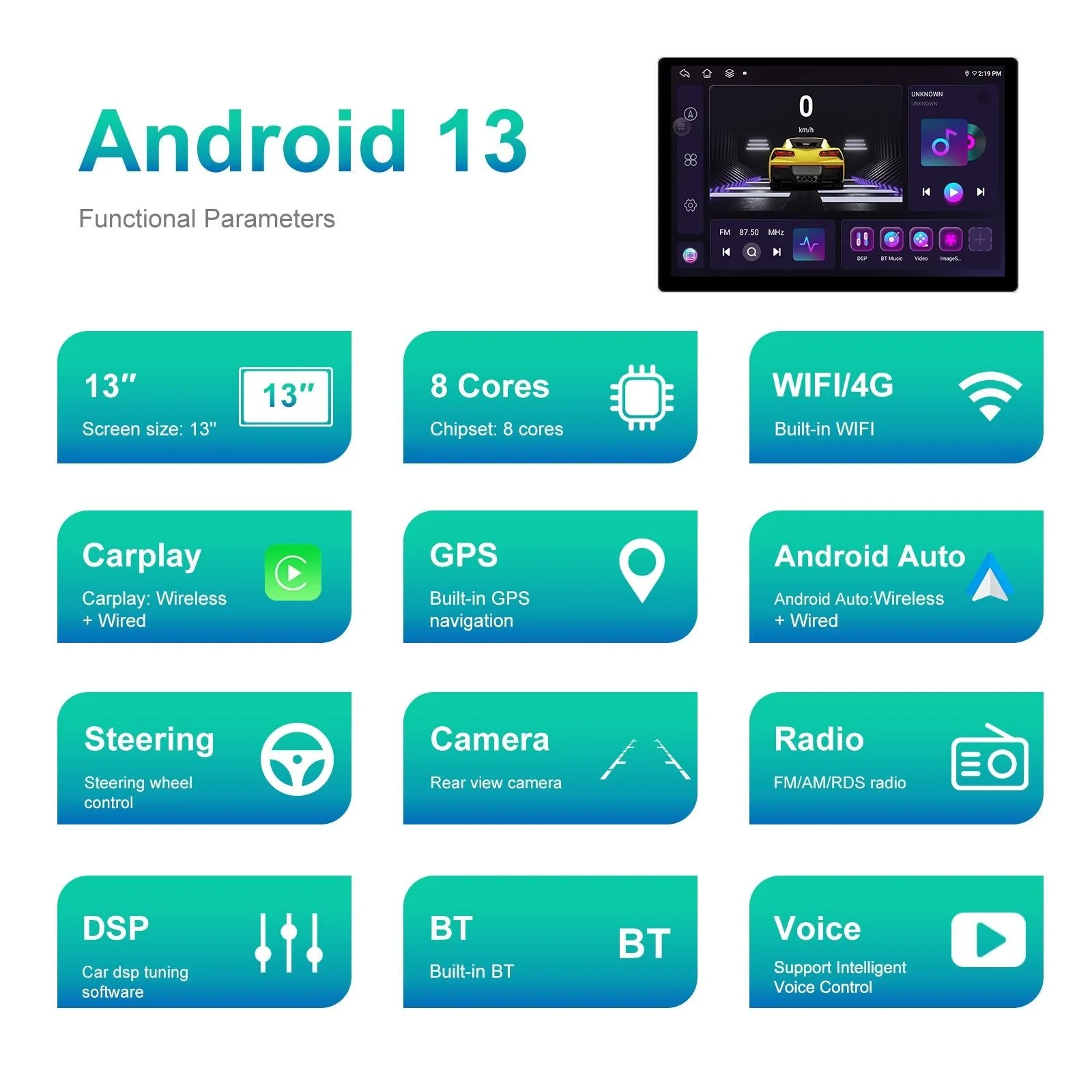 13.1 Inch Android Car Navigator - 4 + 64G - Universal Map - Carplay - Reverse Camera