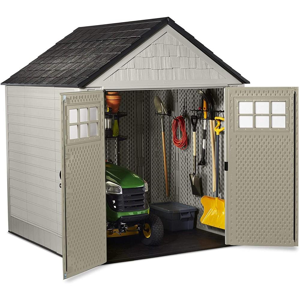Rubbermaid 7��7 Ft Durable Weather Resistant Resin Outdoor Garden Storage Shed with Windows and Utility Hooks, Sand