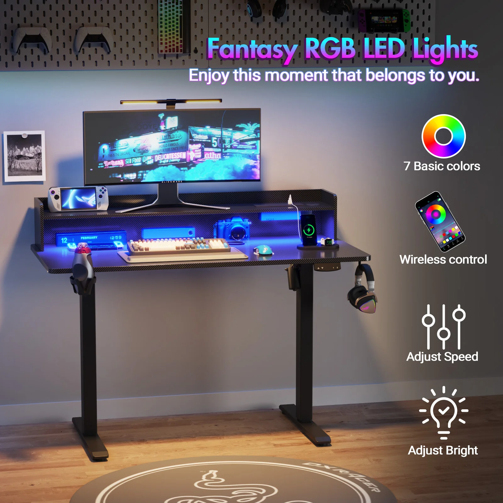 LED RGB Light Electric Standing Desk Black