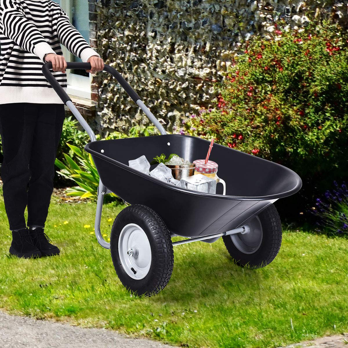Dual Wheel Wheelbarrow, Heavy Duty Garden Cart, 330 lbs Capacity Utility Cart