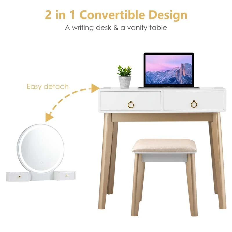 Modern Makeup Vanity Set with Touch Screen Dimming Mirror and 3 Color LED Lighting Modes, Jewelry Divider Dressing Table