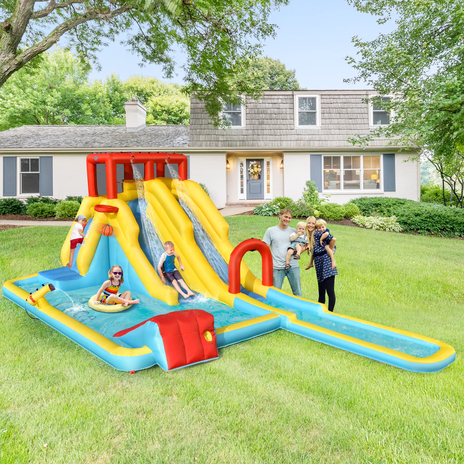 Inflatable Water Slide, 7-in-1 Double Long Slide Inflatable Water Park w/Climbing Wall