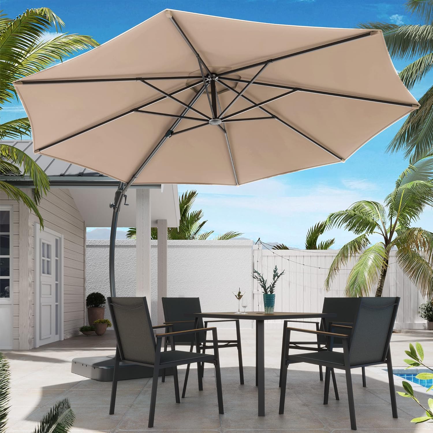 LAUSAINT HOME Outdoor Patio Umbrella with Base included, 11 FT Deluxe Curvy Cantilever Umbrella Heavy Duty Offset Hanging Umbrella with 360�� Rotation for Market, Pool, Garden, Backyard, Deck (Beige)