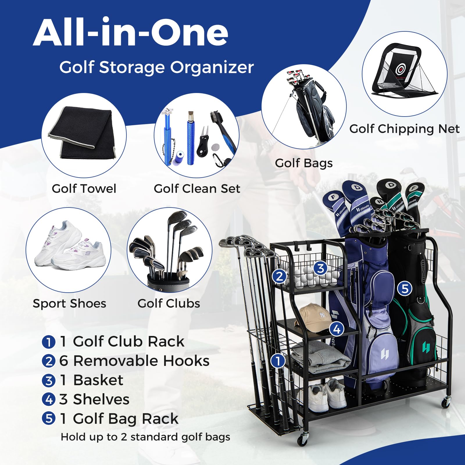 Golf Bag Storage Garage Organizer, Extra Large Storage Stand for 2 Golf Bags