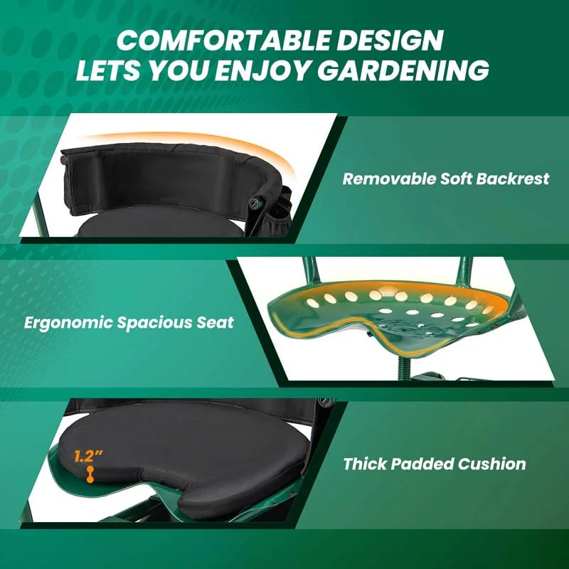 Green Rolling Garden Cart Workseat Garden Scooter with 360 Degree Swivel Cushioned Seat & Tool Storage, 2 Steering Handles