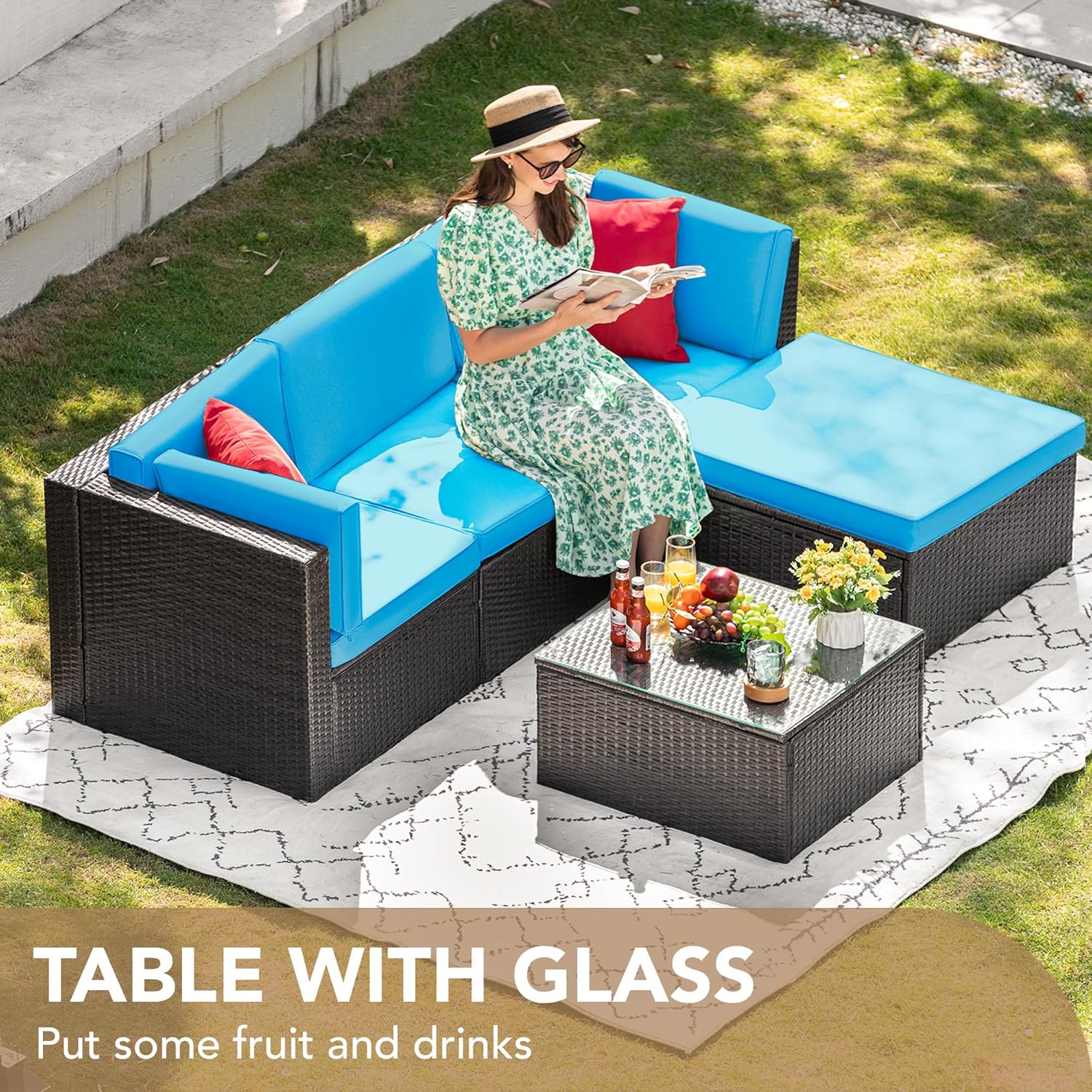 Devoko 5 Pieces Patio Furniture Sets All Weather Outdoor Sectional Patio Sofa Manual Weaving Wicker Rattan Patio Seating Sofas with Cushion and Glass Table(Beige)