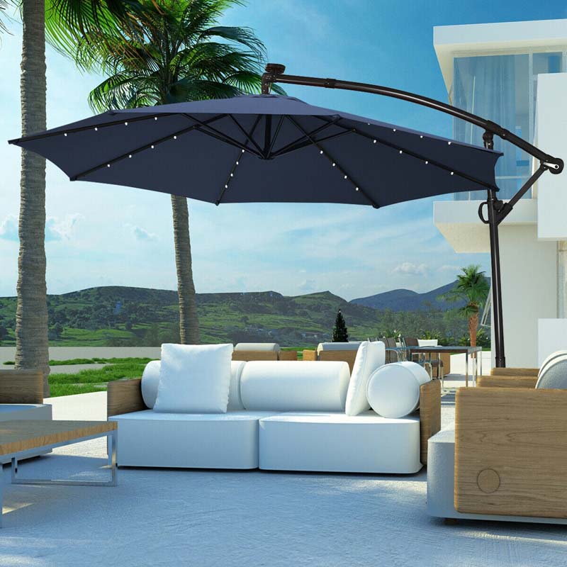 10 FT Patio Offset Umbrella with Solar Lights 360�� Rotation Outdoor Market Umbrella with Crank Handle & Cross Base
