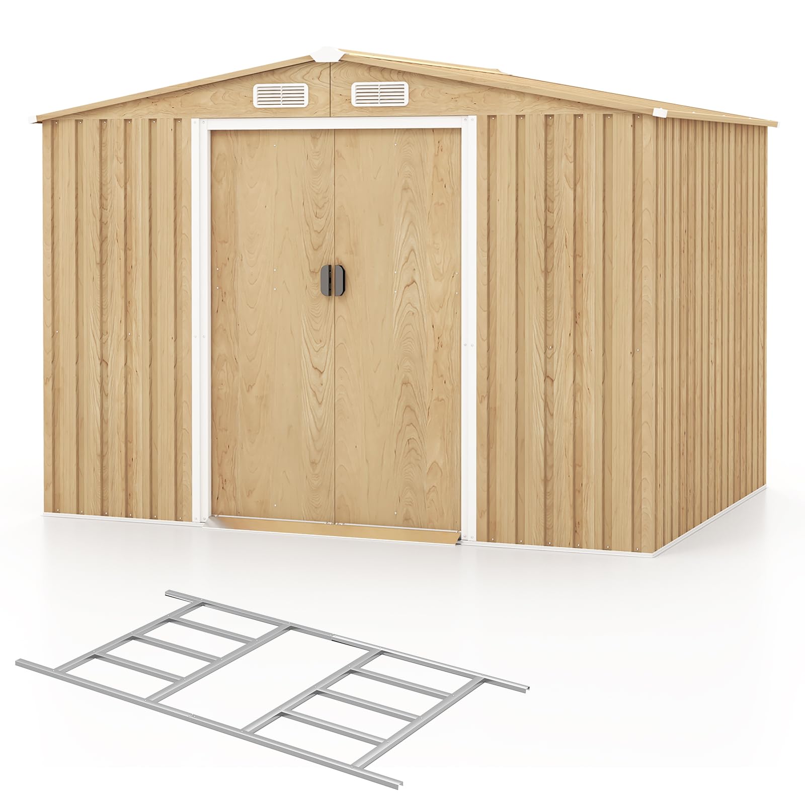 8' x 6' Woodgrain Outdoor Storage Shed, Galvanized Metal Tool House Organizer w/Base Floor, 4 Vents