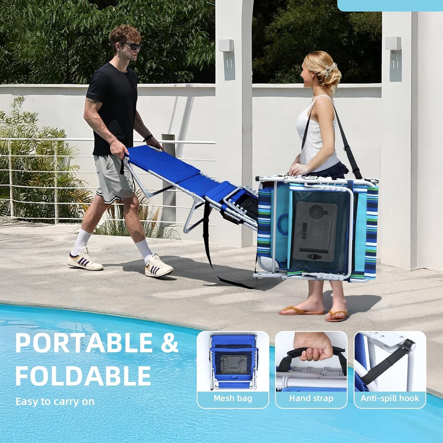 3-in-1 Outdoor Sun Tanning Lounge Chair with Face Hole �C 5-Position Recliner, Folding Side Table & Removable Pillow, 330lbs Capacity, Blue