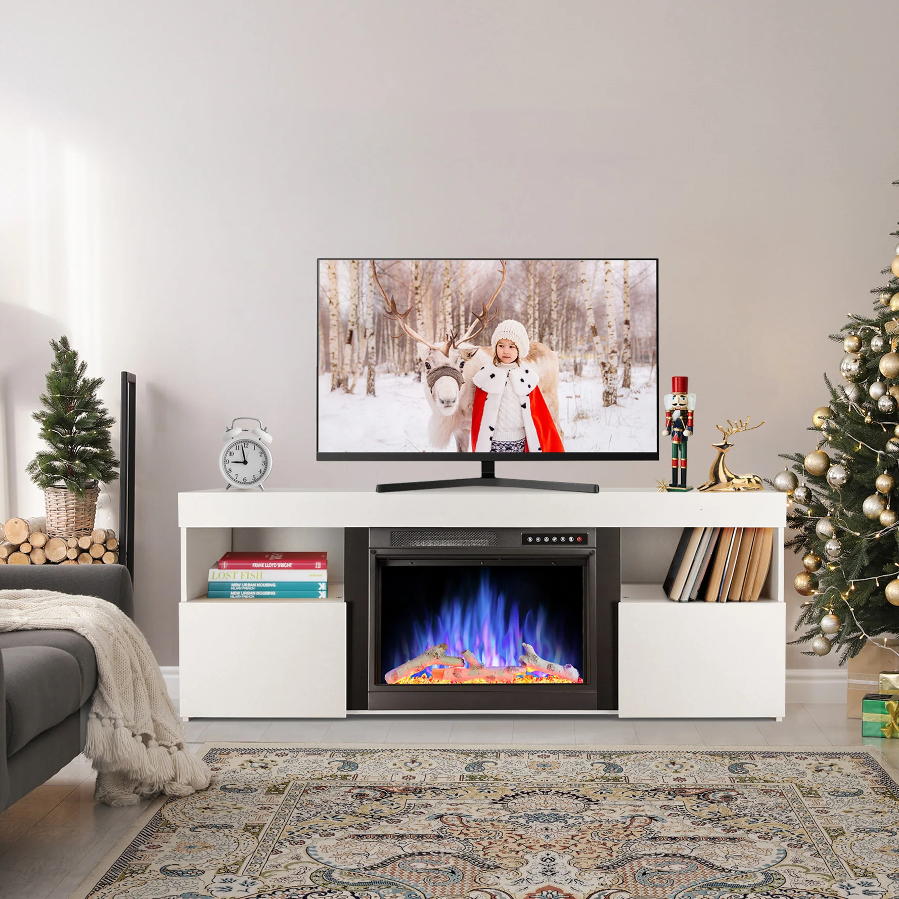 60'' Fireplace TV Stand Mantel Shelf Wooden Surround Fireplace Freestanding