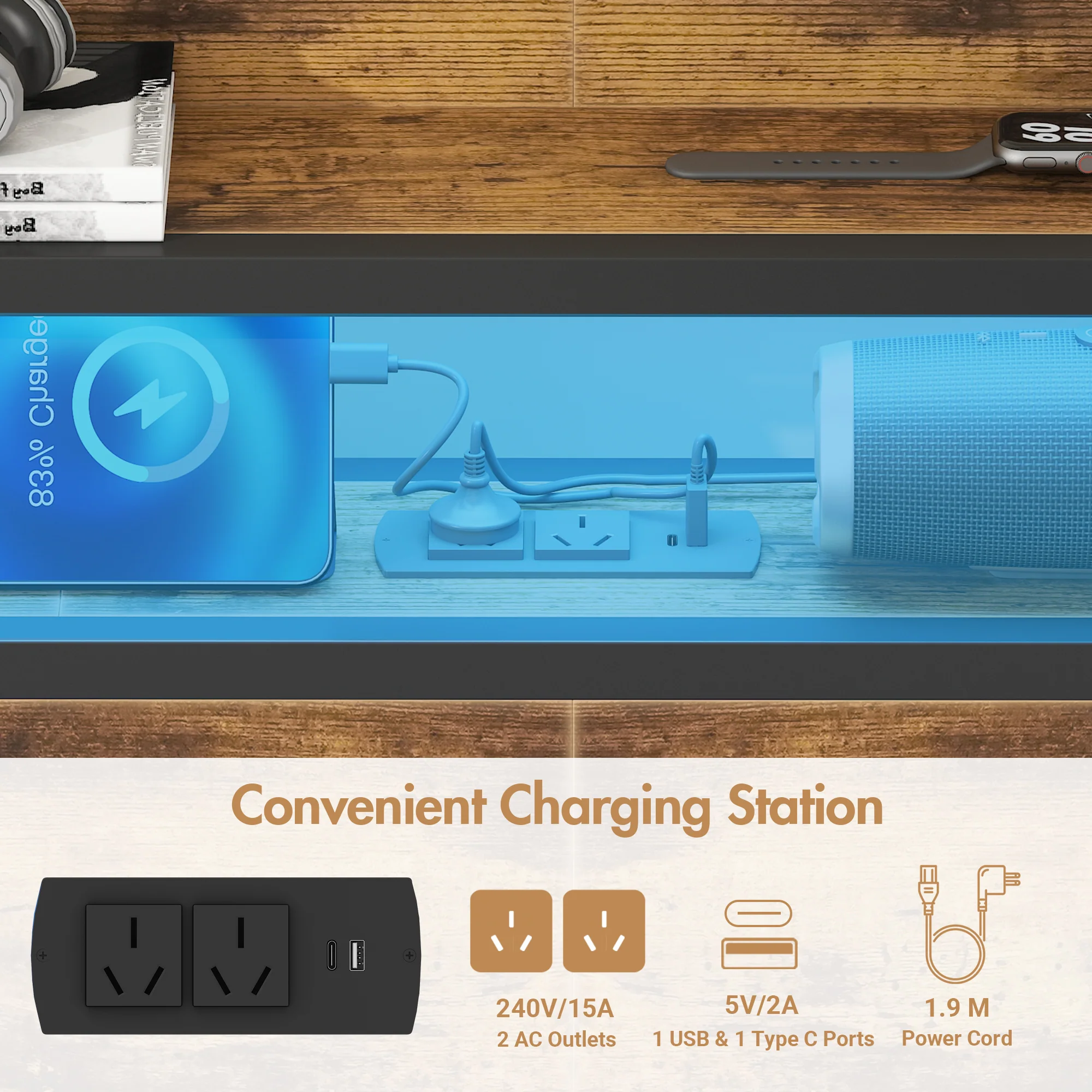 Storage Headboard with LED Light Charging Station