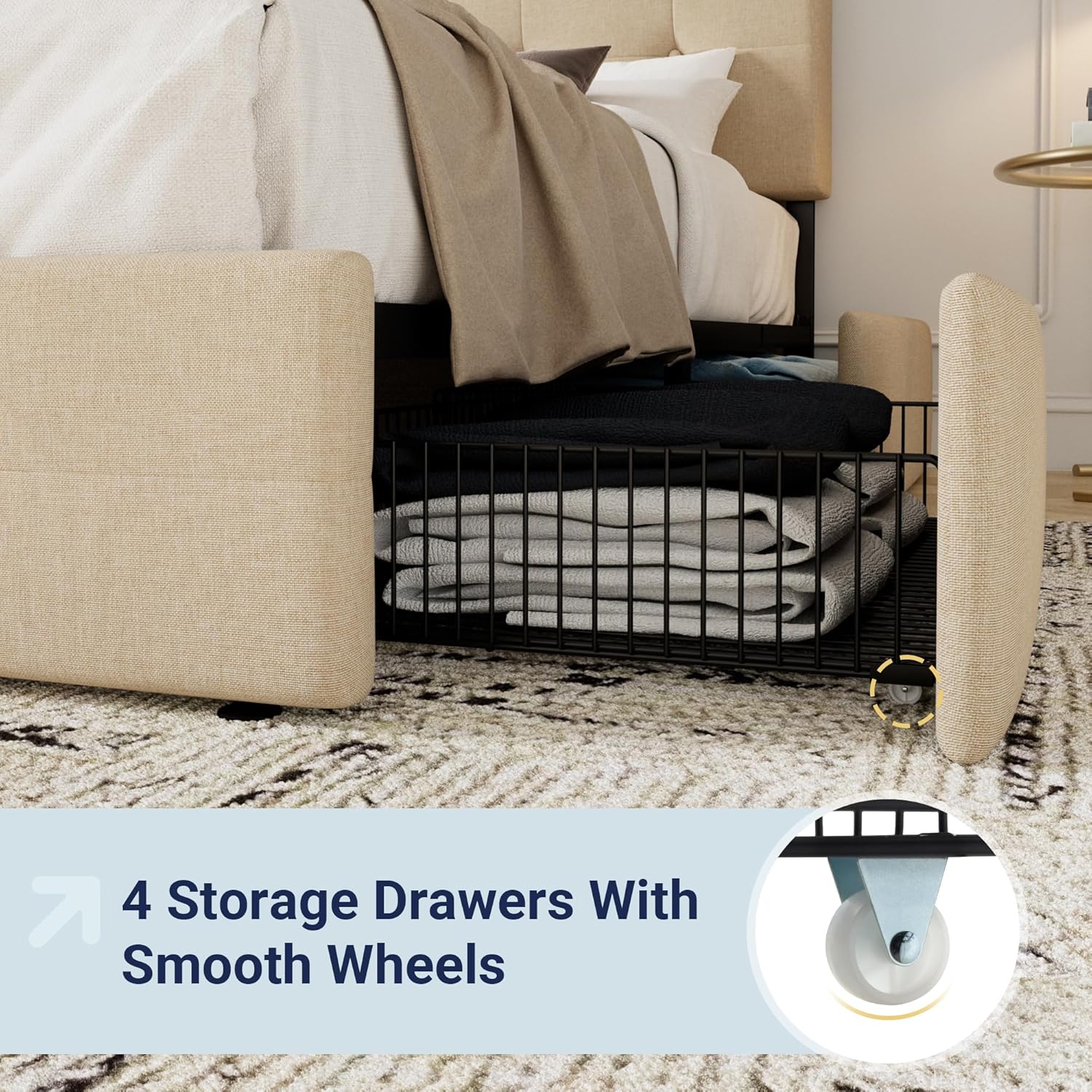 Allewie Upholstered Queen Size Platform Bed Frame with 4 Storage Drawers and Headboard, Square Stitched Button Tufted, Mattress Foundation with Wooden Slats Support, No Box Spring Needed, Light Grey