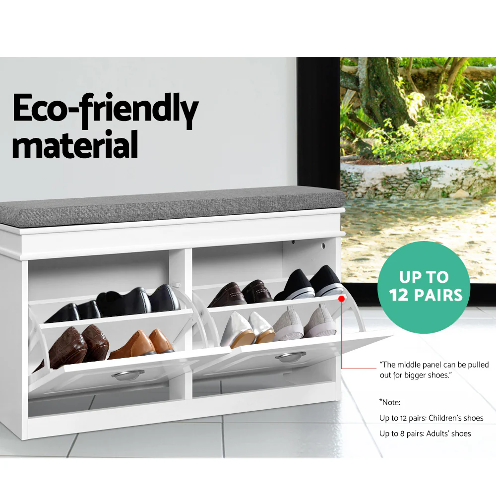 White Adjustable Shoe Rack Cabinet Bench, 12 Pairs - Artiss