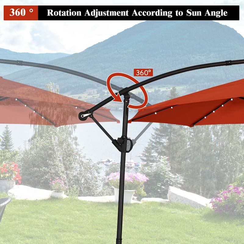 10 FT Patio Offset Umbrella with Solar Lights 360�� Rotation Outdoor Market Umbrella with Crank Handle & Cross Base
