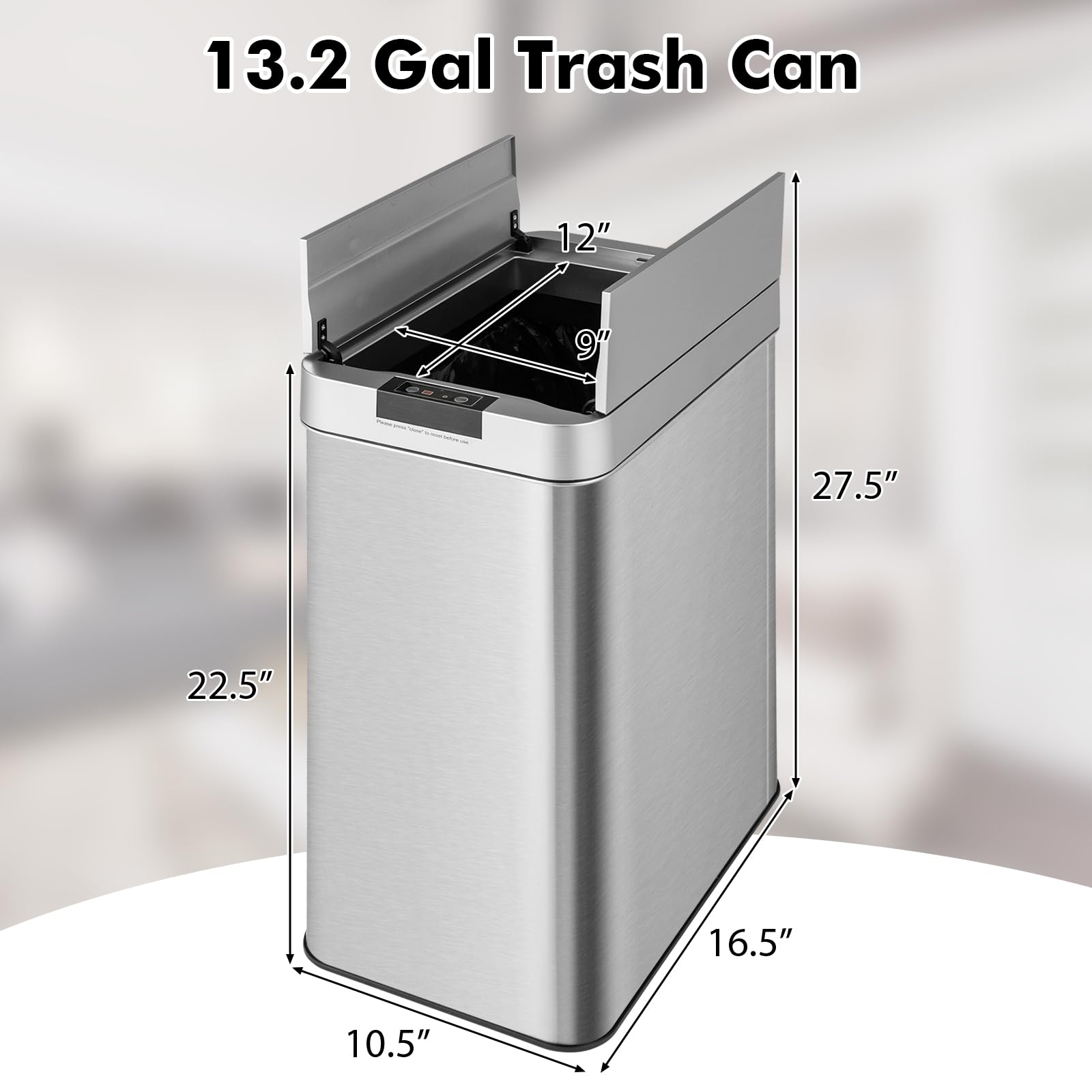 Slim Kitchen Trash Can, 13.2 Gallon Motion Sensor Garbage Bin with Wing Lids, Anti-Fingerprint Touchless Waste Bin