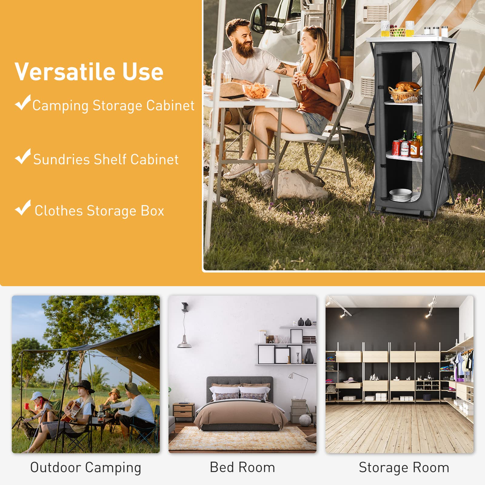 Folding Camping Storage Cabinet, Pop Up Outdoor Camping Kitchen Station with Large 3-Tier Storage Organizer
