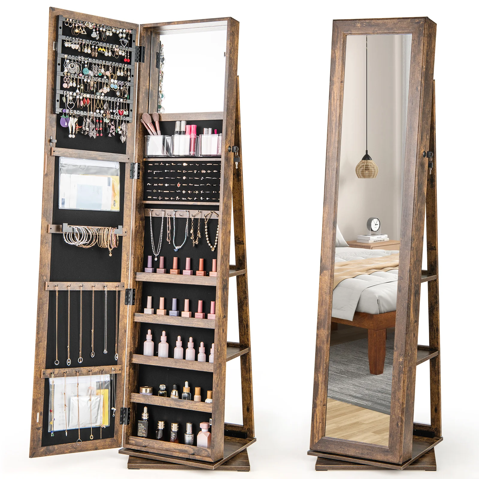 360�� Swivel Jewelry Armoire, Standing Jewelry Organizer with Full Length Mirror