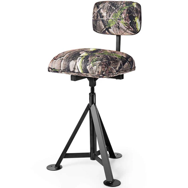 360�� Camo Swivel Hunting Chair for Outdoor Activities, Height Adjustable Tripod Blind Stool Chair with Detachable Backrest, Padded seat