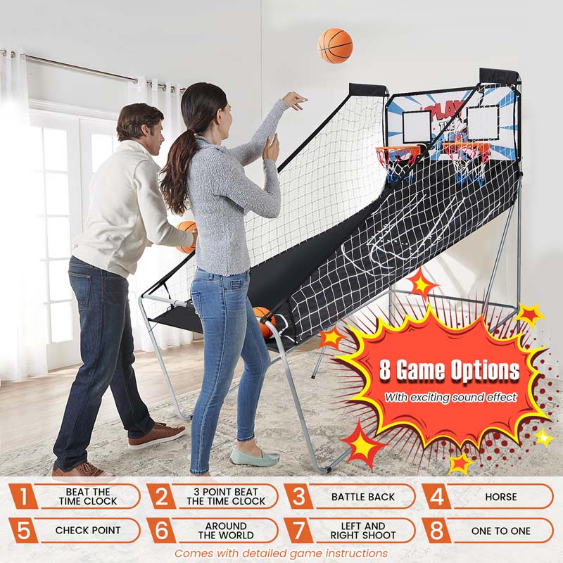 Foldable Basketball Arcade Game, Dual Shot Electronic Basketball Game Machine with 8 Game Modes