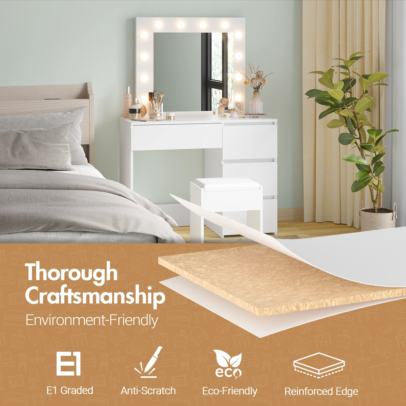 Dressing Table Stool Set 12 LED Bulbs