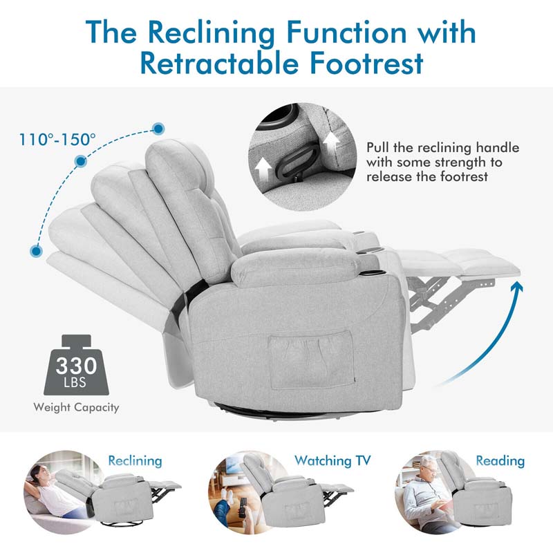 360�� Swivel Electric Massage Recliner Rocking Chair Single Soft Sofa with Heater & Retractable Footrest