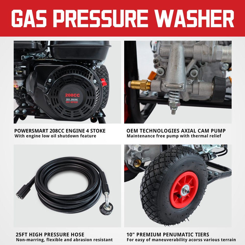 PowerSmart 3200PSI Gas Pressure Washer, 208cc Engine, 5 Nozzles, Soap Tank, 25ft Hose, Portable, CARB Compliant