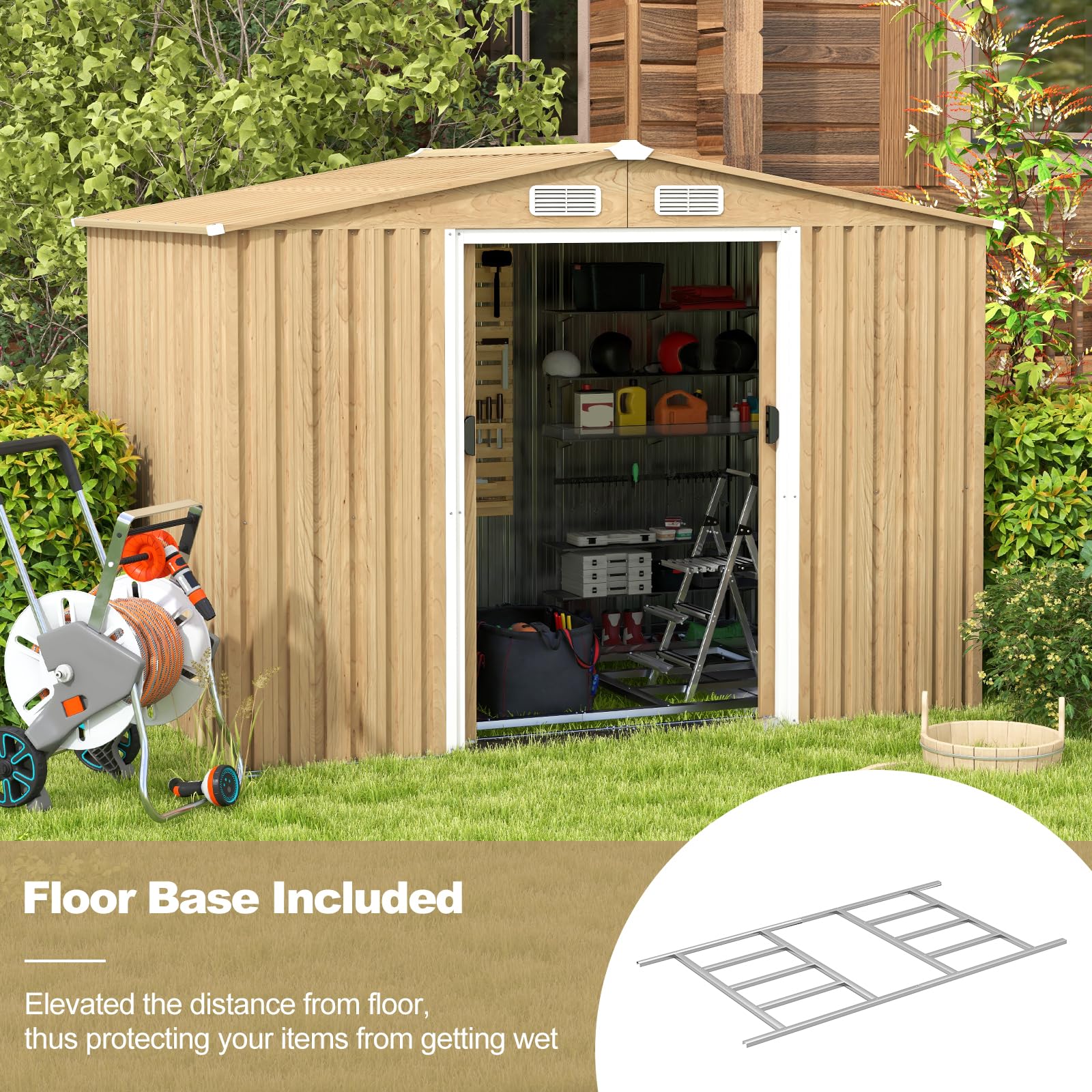 8' x 6' Woodgrain Outdoor Storage Shed, Galvanized Metal Tool House Organizer w/Base Floor, 4 Vents