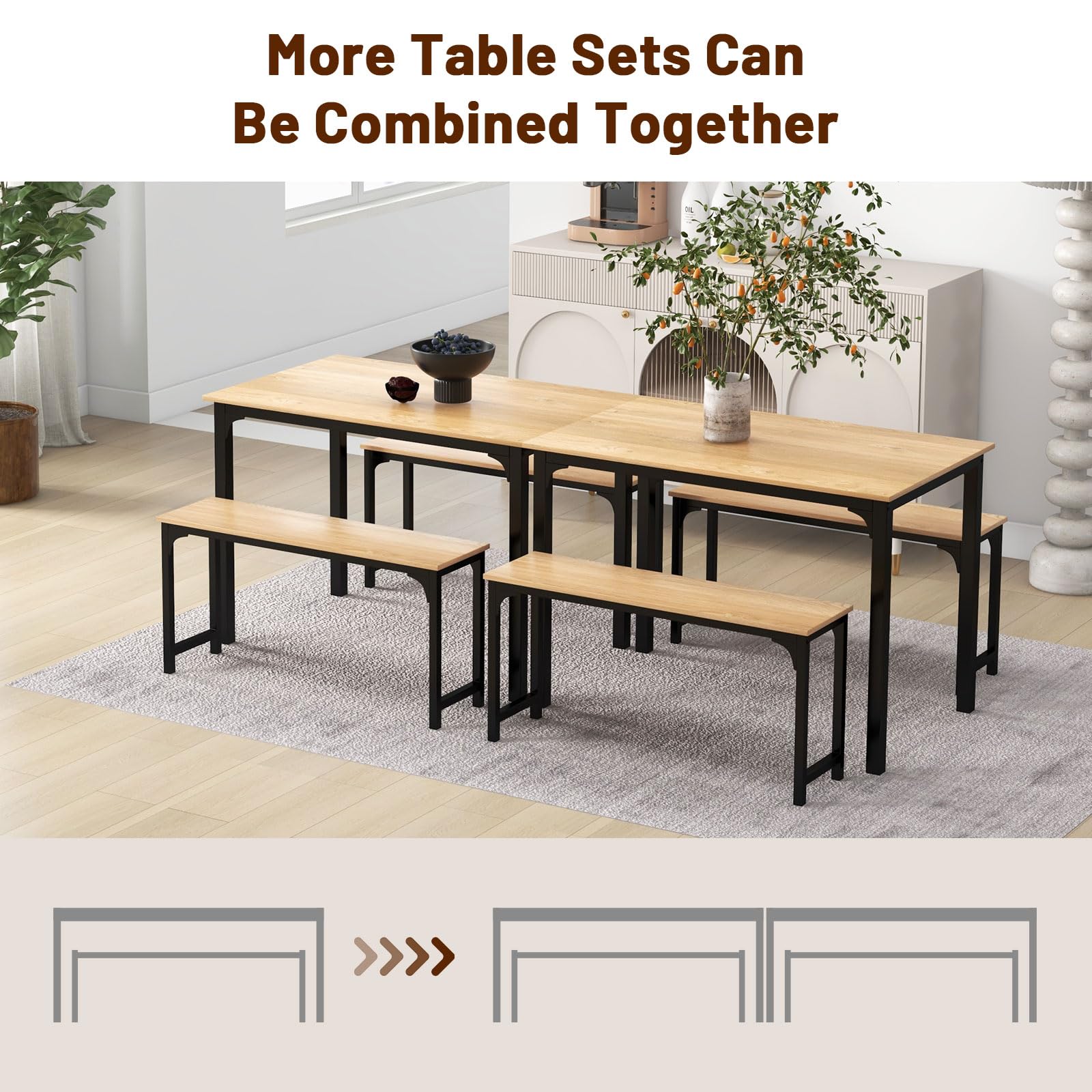 Giantex Dining Table Set for 4, 3 PCS Farmhouse Kitchen & Dining Room Furniture Kit with 2 Benches