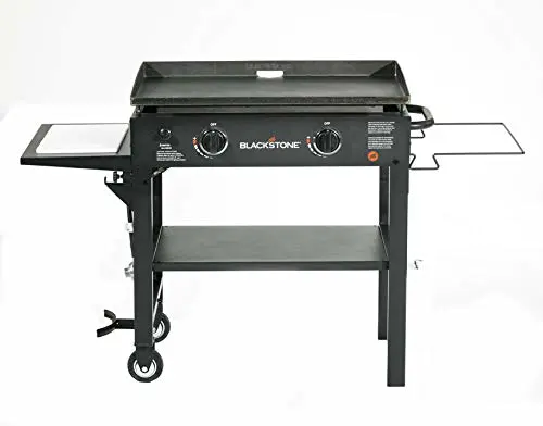 Blackstone 1853 Flat Top Gas Grill 2 Burner Propane Fuelled Rear Grease Management System 28�� Outdoor Griddle Station for Camping with Built in Cutting Board and Garbage Holder, 28 Inch, Black