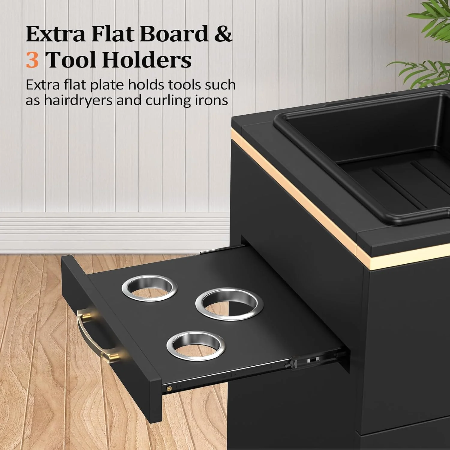 OmySalon Salon Storage Station, Barber Stations Beauty Salon Spa Equipment with 3 Drawers, a Storage Basin, 3 Hair Dryer Holders for Hair Styling, White Gold