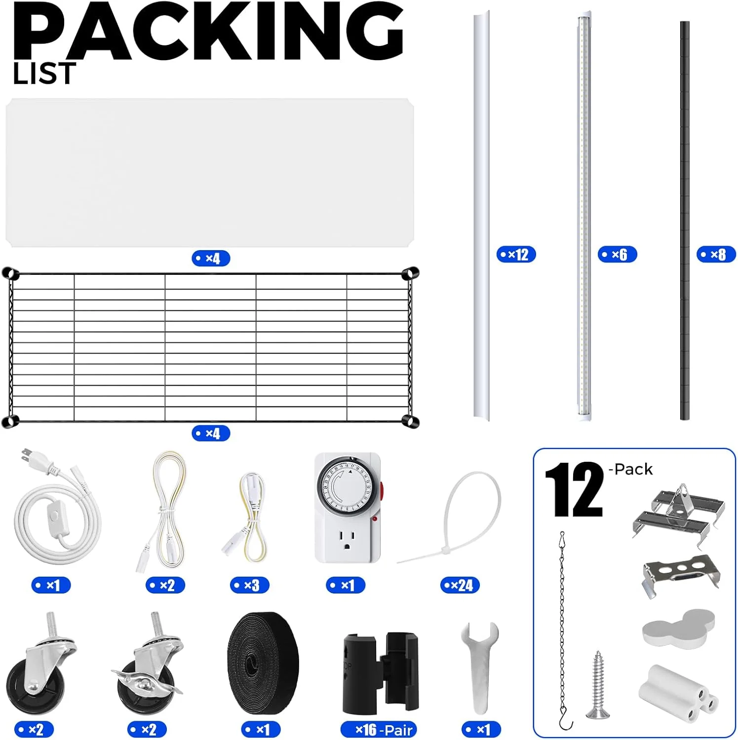 Mini Greenhouse with LED Grow Light for Indoor Plant, 4-Tier Portable Metal Plant Stand with Wheels, Plant Shelf with Tent, 6Pcs Plant Light with Timer and Thermo-Hygrometer, 35.4x13.8x59IN