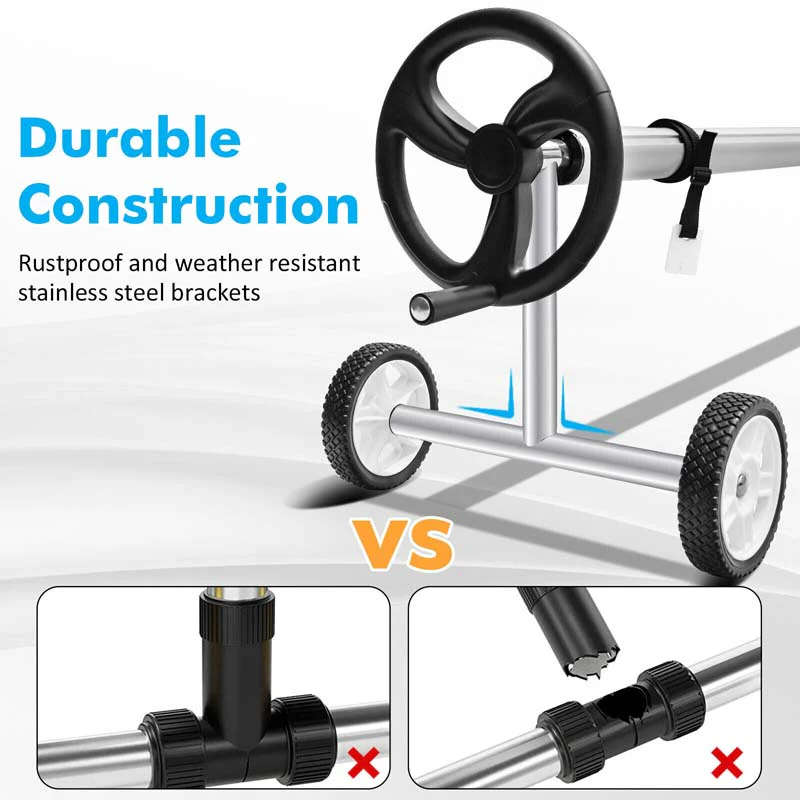 18 FT Solar Pool Cover Reel Set with Hand Crank & Wheels, Aluminum Solar Swimming Inground Cover Blanket Reel Roller