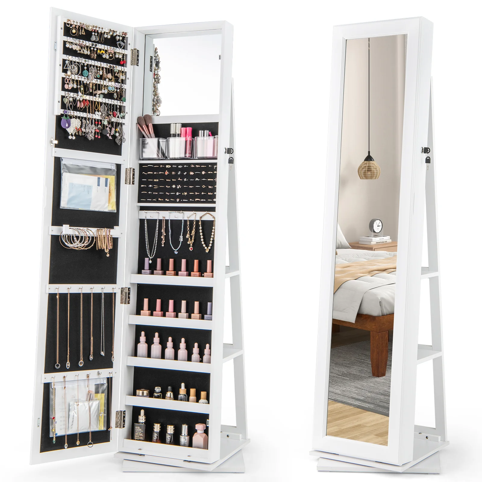 360�� Swivel Jewelry Armoire, Standing Jewelry Organizer with Full Length Mirror