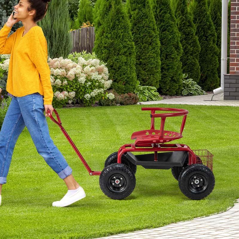 Cushioned Rolling Garden Cart Workseat Yard Wagon Scooter with Storage Basket & Extendable Steering Handle