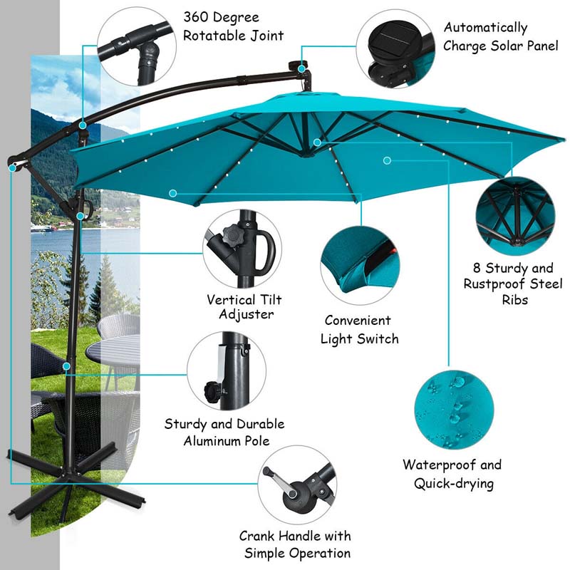 10 FT Patio Offset Umbrella with Solar Lights 360�� Rotation Outdoor Market Umbrella with Crank Handle & Cross Base
