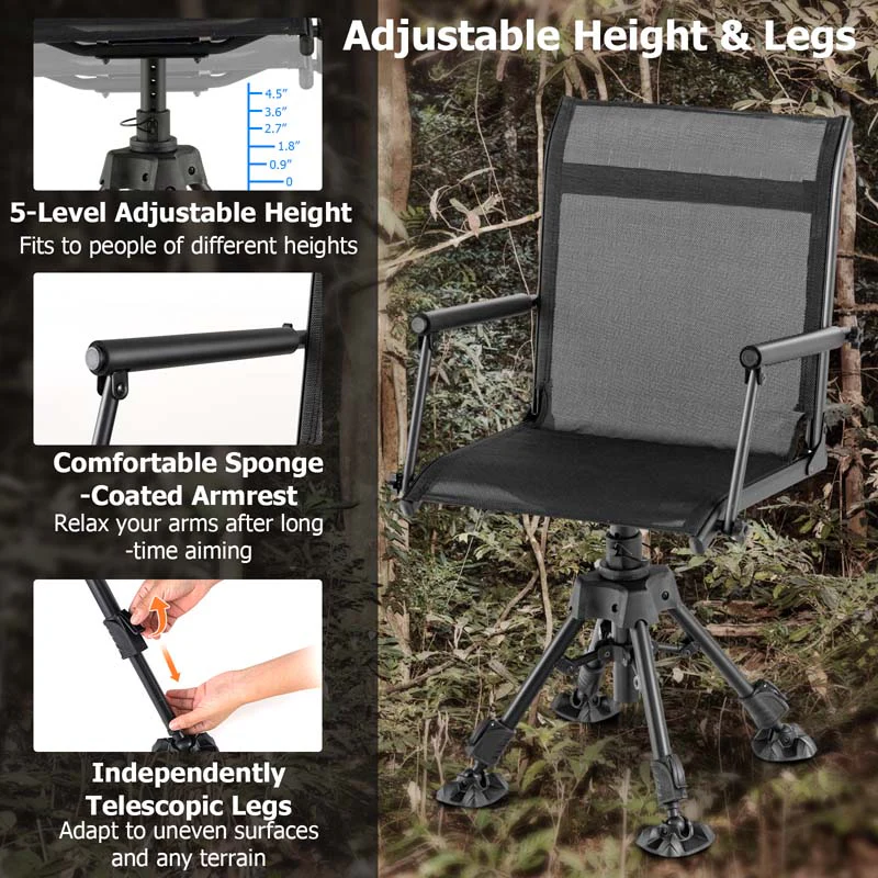 360�� Swivel Silent Folding Hunting Blind Chair for Shooting Fishing, Portable Sniper Seat with 4 Adjustable Legs, All-Terrain Foot Pads