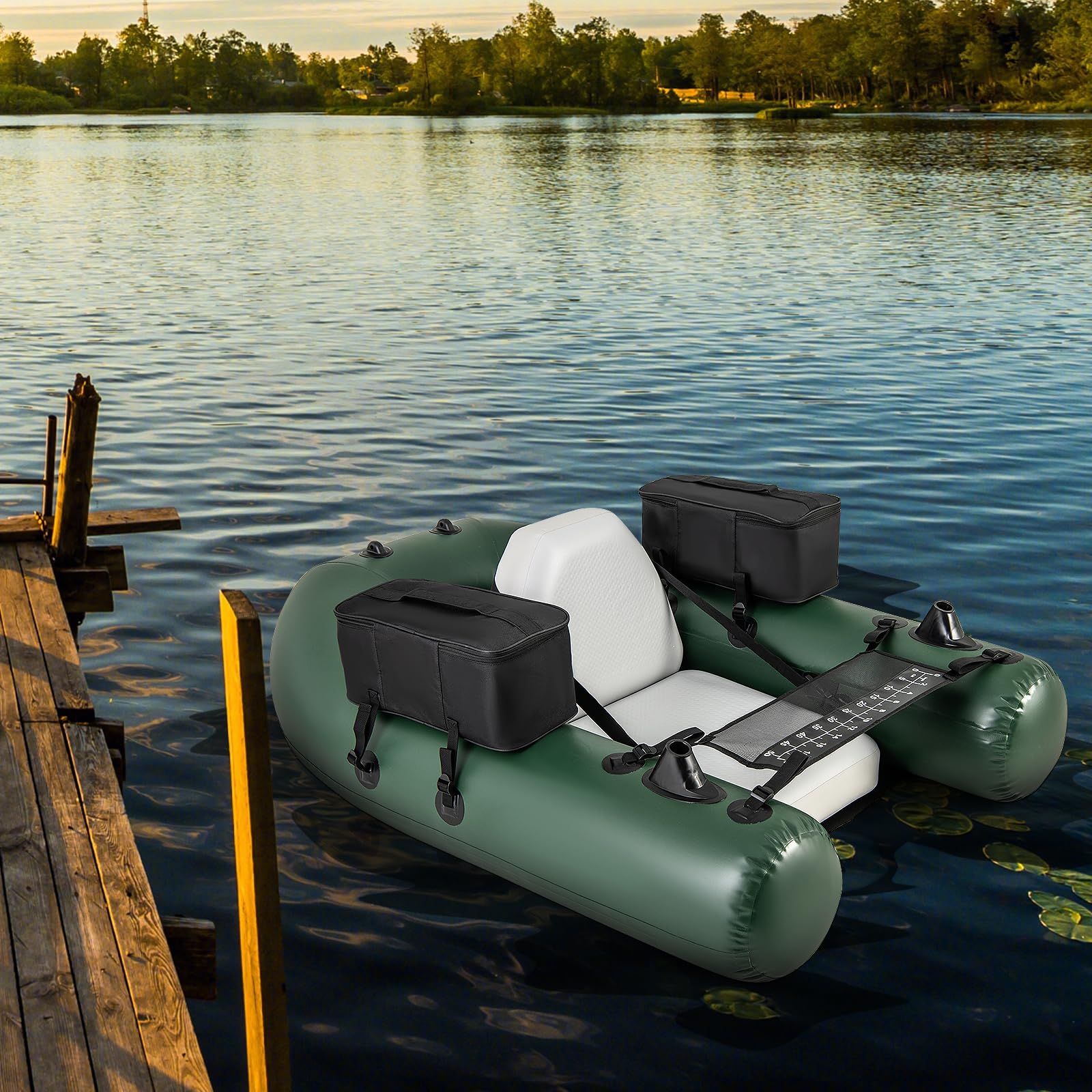 Inflatable Float Tube, Fishing Belly Boat with Fish Ruler, 2 Detachable Storage Bags, Pump, Carry Bag