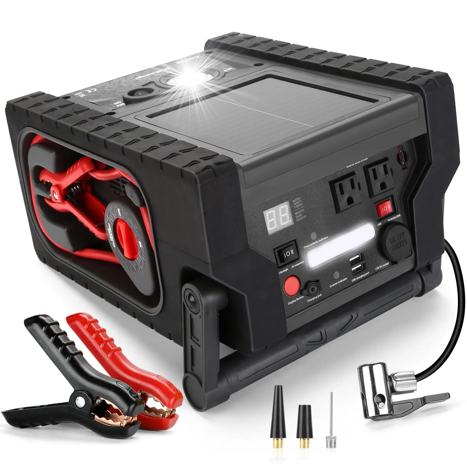 ZD-529 Solar Portable Power Station 2000 Amps Jump Starter, 260 PSI Air Compressor, 12V Car Battery Charger with 400W Inverter Dual AC/DC/USB Output, Emergency Backup Power with Flashlights