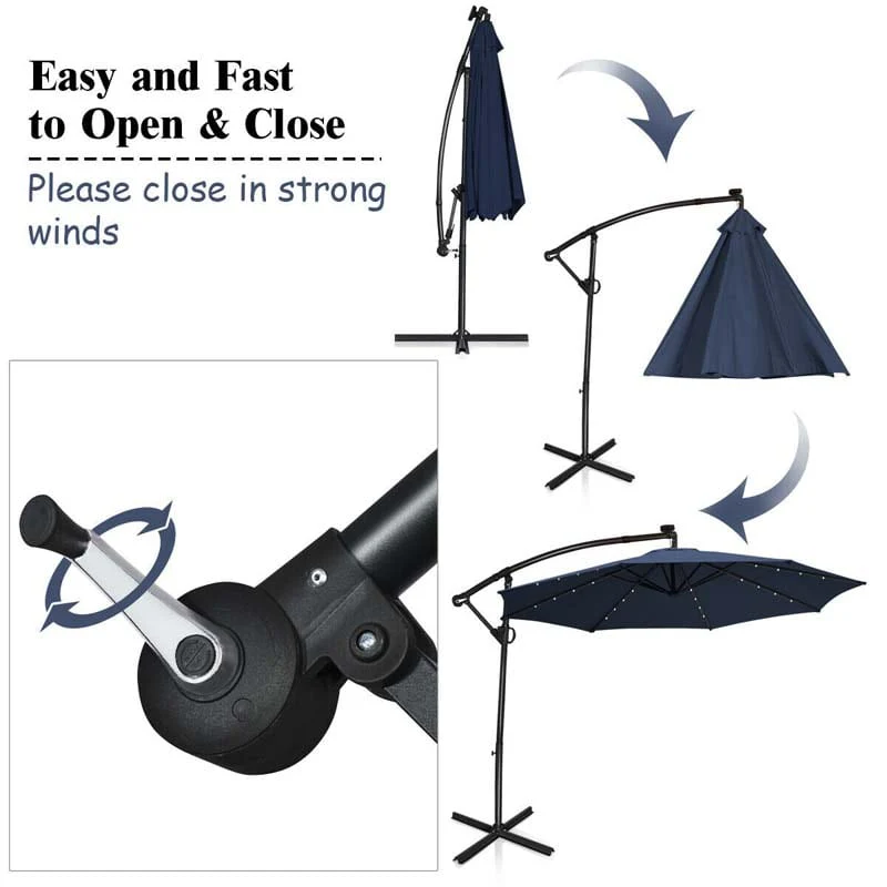 10 FT Patio Offset Umbrella with Solar Lights 360�� Rotation Outdoor Market Umbrella with Crank Handle & Cross Base