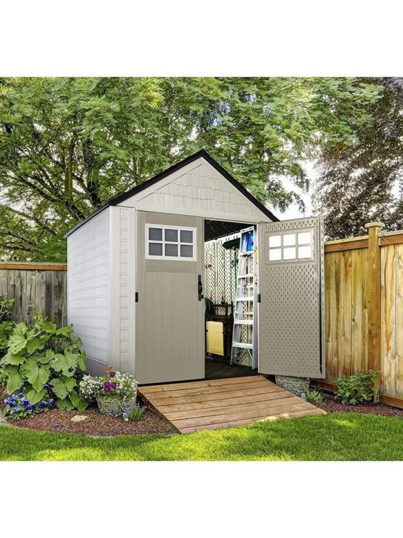 Rubbermaid 7��7 Ft Durable Weather Resistant Resin Outdoor Garden Storage Shed with Windows and Utility Hooks, Sand