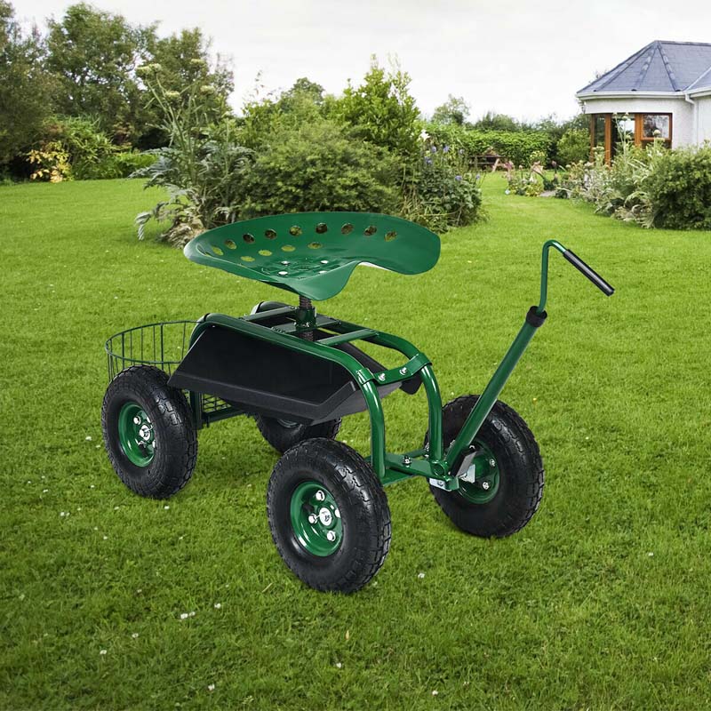 4-Wheel Garden Cart Workseat with Storage Basket & Tool Tray, Heavy Duty Patio Wagon Scooter for Planting