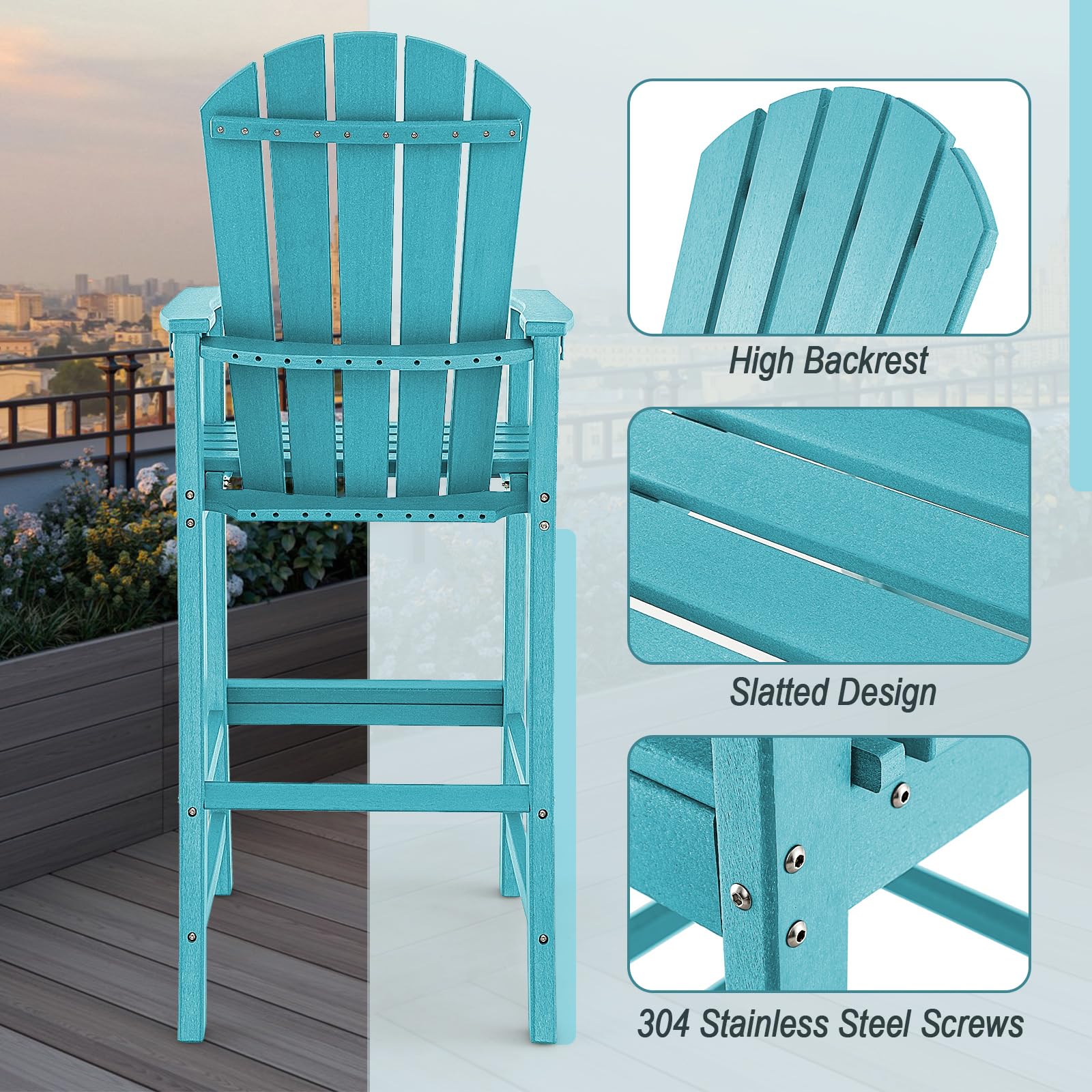 Outdoor HDPE Tall Adirondack Chairs with Armrests & Footrest, 30