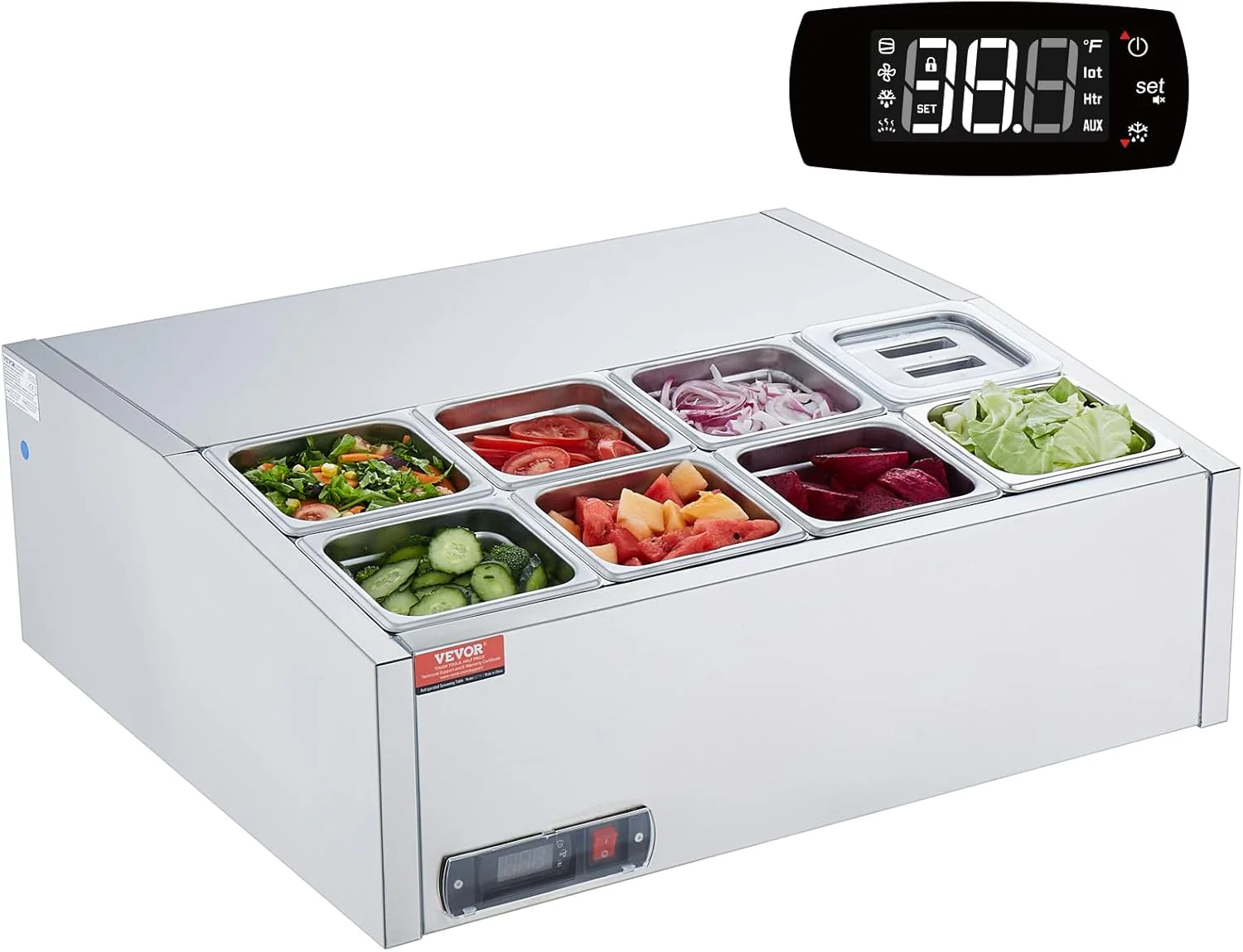 Refrigerated Condiment Prep Station, 135 W Countertop Refrigerated Condiment Station, with 2 1/3 Pans & 4 1/6 Pans, 304 Stainless Body and PC Lid, Sandwich Prep Table with Stainless Guard, ETL