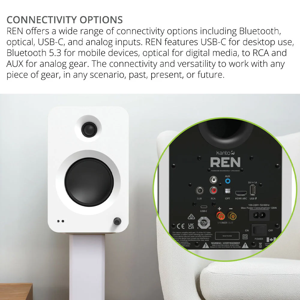 Kanto REN 200W Powered Bookshelf Speakers with HDMI ARC, USB-C, and Bluetooth 5.3 - Matte White, Pair