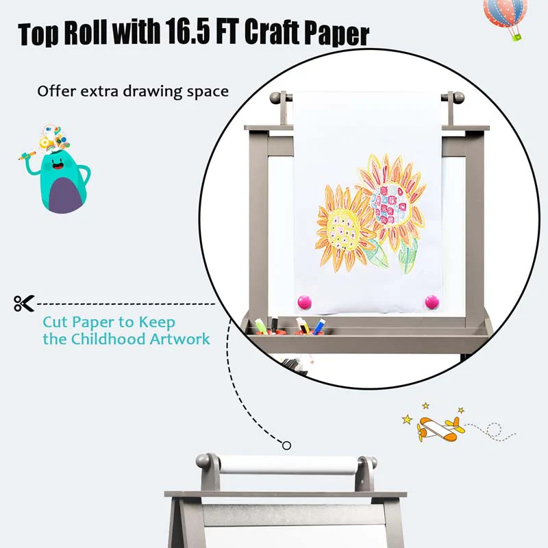 3-in-1 Double-Sided Kids Art Easel, Wooden Storage Toddler Easel with Magnetic White Board & Chalkboard, Paper Roll, Painting Dry Erase