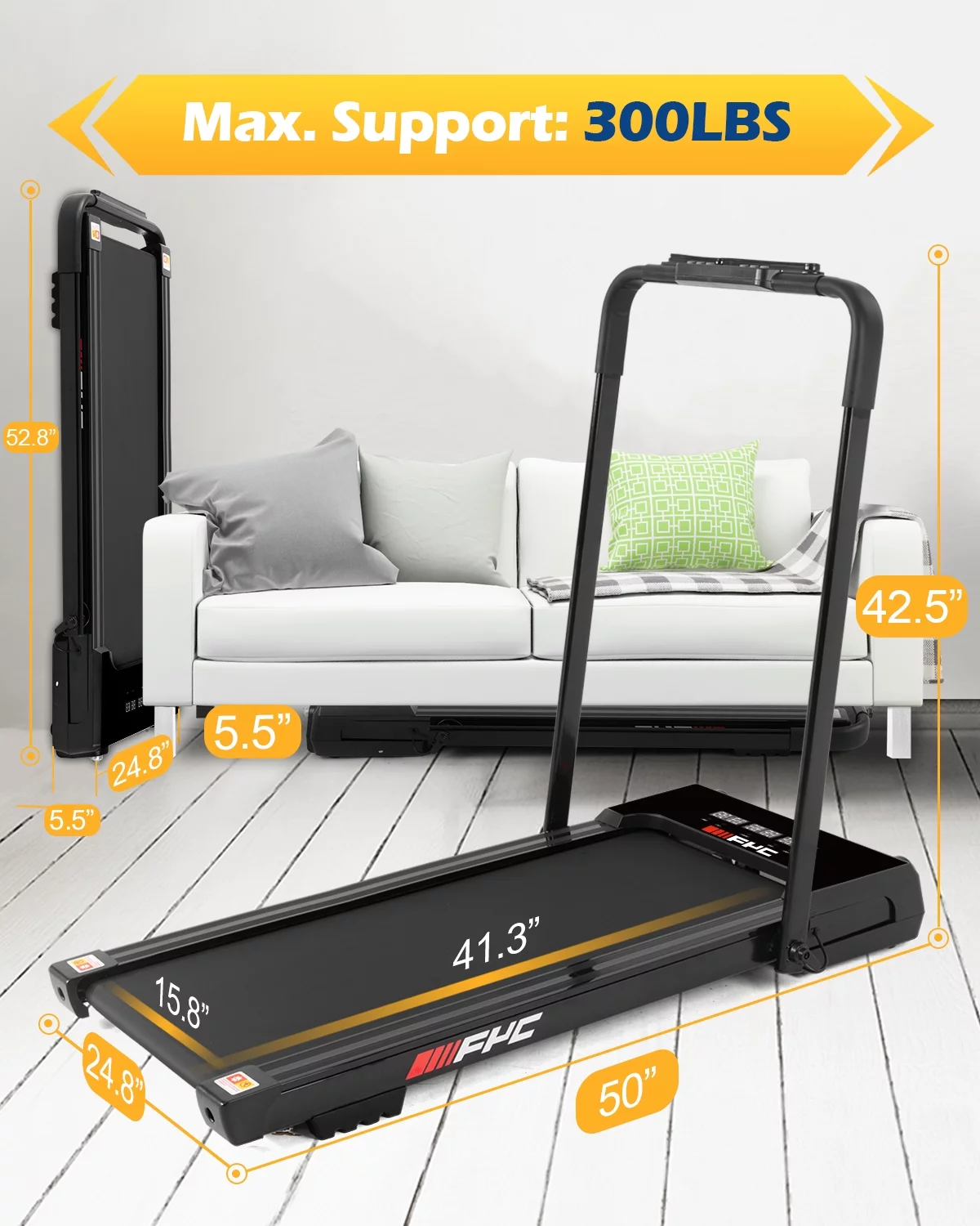 FYC 3.5HP Under Desk Treadmill ?C 300LBS Weight Capacity, 2-in-1 Foldable Design, Remote Control & LED Display ?C Compact Electric Walking and Running Machine for Walking, Running, Jogging (Black)