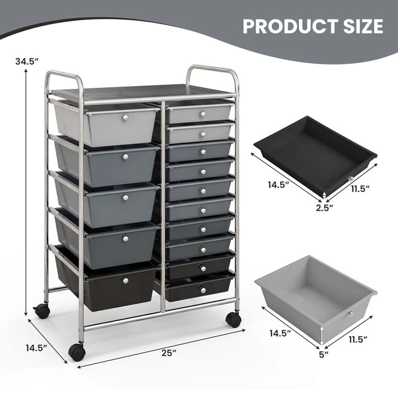 15-Drawer Storage Drawer Cart Tools Scrapbook Paper Organizer Cart Office School Utility Cart Rolling Storage Cart with Wheels